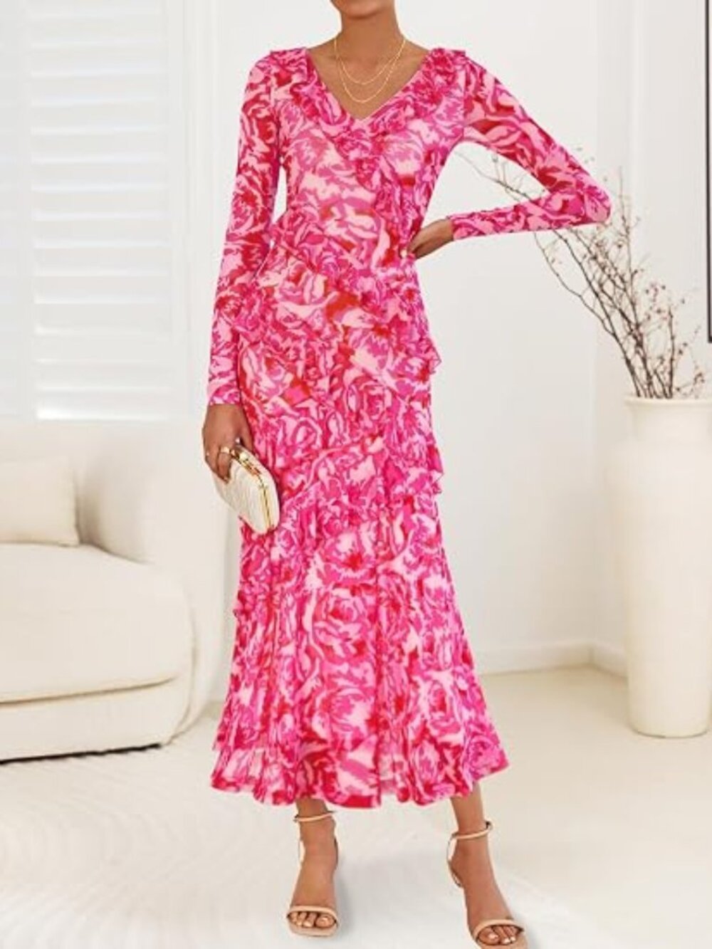 Wedding Guest Dresses for Women Fall Long Sleeve Floral Maxi Dress
